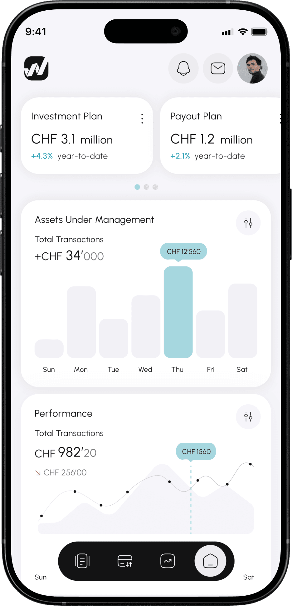 Wealth management mobile app interface for client portfolio access